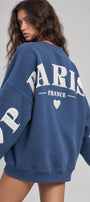 Kadın Oversize Sweatshirt Paris 3D Baskılı Marine – Bisiklet Yaka, Kol ve Sırt Baskılı, 3 İplik