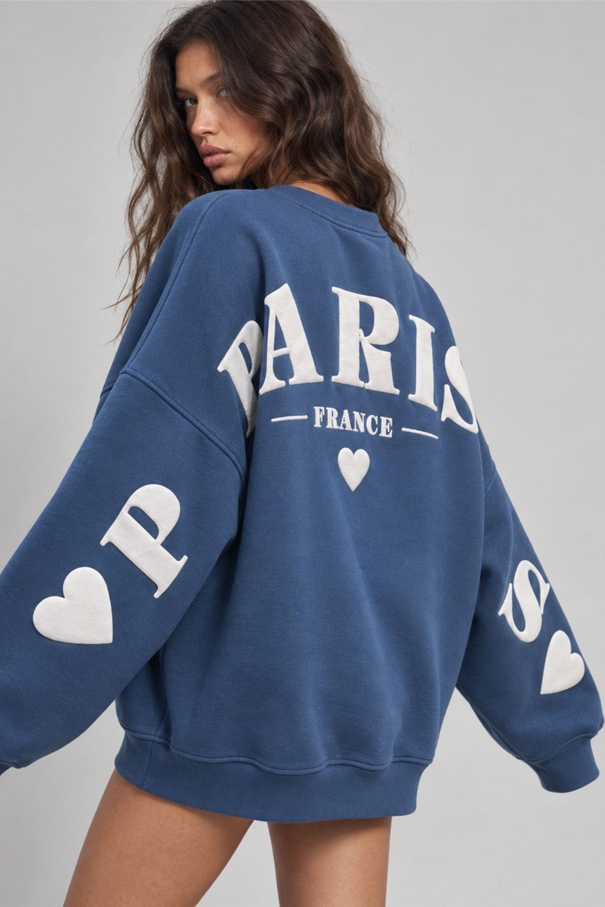 Kadın Oversize Sweatshirt Paris 3D Baskılı Marine – Bisiklet Yaka, Kol ve Sırt Baskılı, 3 İplik