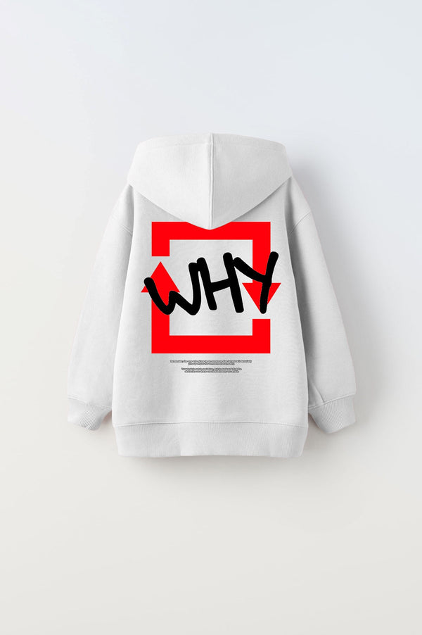 Kapüşonlu İçi Polar Why Baskılı Beyaz Unisex Çocuk Hoodie Sweatshirt