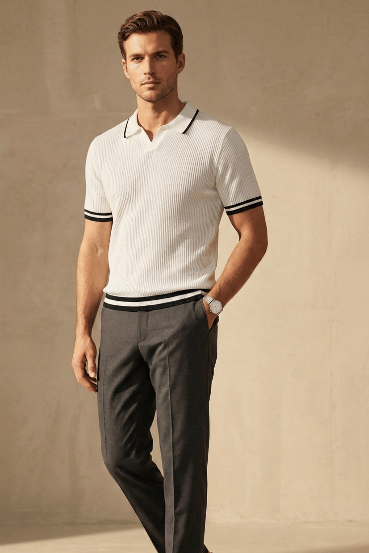 Erkek Fitilli Triko Polo Yaka Tişört Beyaz - Polo Çizgili Yaka, Fit, Yazlık, Örme