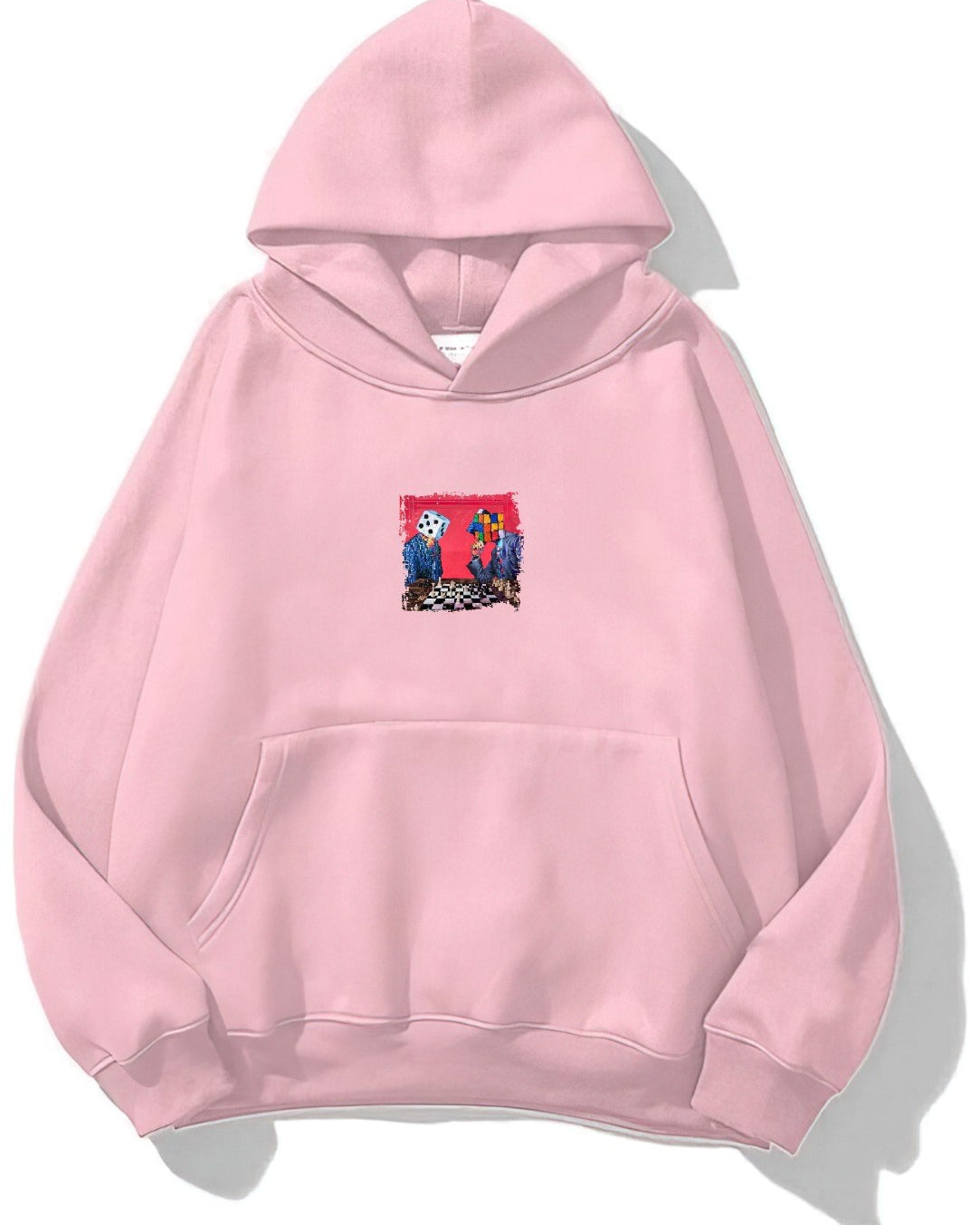Kapüşonlu İçi Polar Satranç Baskılı Pembe Unisex Oversize Hoodie Sweatshirt