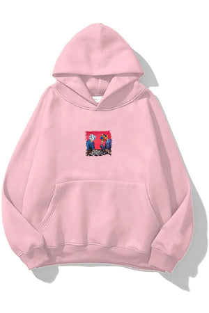 Kapüşonlu İçi Polar Satranç Baskılı Pembe Unisex Oversize Hoodie Sweatshirt