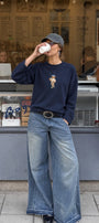Kadın Relaxed Fit Sweatshirt Coffee Bear Baskılı Lacivert – Bisiklet Yaka, 3 İplik Şardonsuz