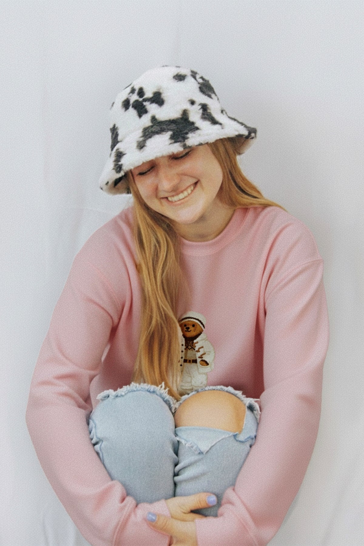 Kadın Oversize Sweatshirt Quiet Club 3D Baskılı Pembe – Bisiklet Yaka, 3 İplik Şardonlu Polar