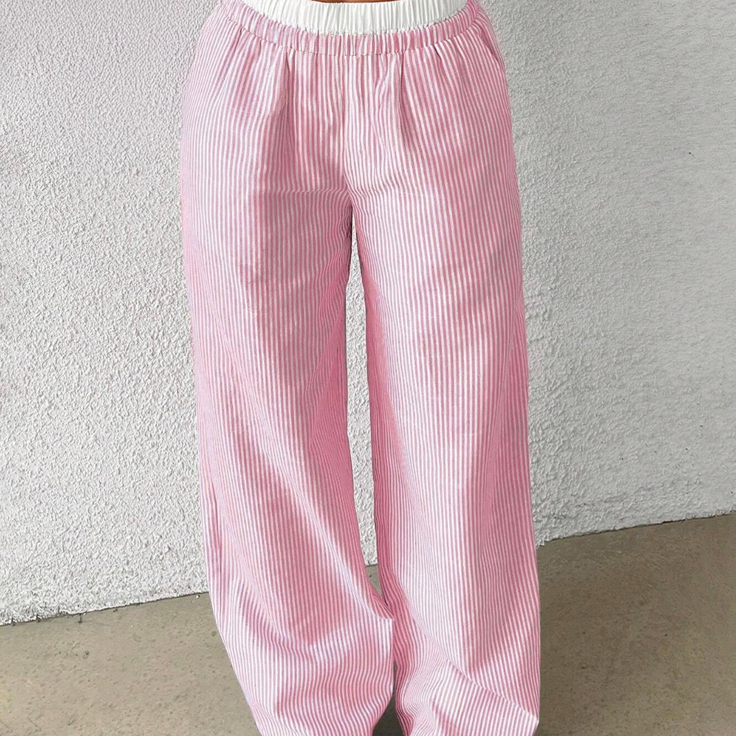 Kadın Pembe Çizgili Poplin Dokuma Pantolon – Yüksek Bel Lastikli Bol Paça Rahat Model