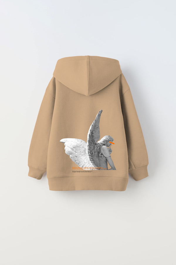 Kapüşonlu İçi Polar Art Work Heykel Baskılı Bej Unisex Çocuk Hoodie Sweatshirt