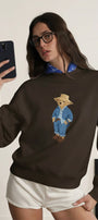 Kadın Oversize Sweatshirt Ranch Bear Baskılı Kahverengi – Bisiklet Yaka, 3 İplik Şardonlu Polar