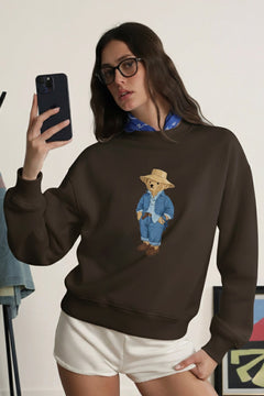 Kadın Oversize Sweatshirt Ranch Bear Baskılı Kahverengi – Bisiklet Yaka, 3 İplik Şardonlu Polar
