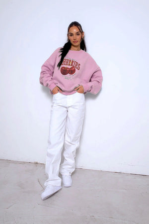 Bisiklet Yaka İçi Polar Cherries Baskılı Pembe Oversize Sweatshirt