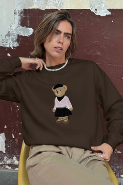 Kadın Oversize Sweatshirt Ballerina Bear Baskılı Kahverengi – Bisiklet Yaka, 3 İplik Şardonlu Polar