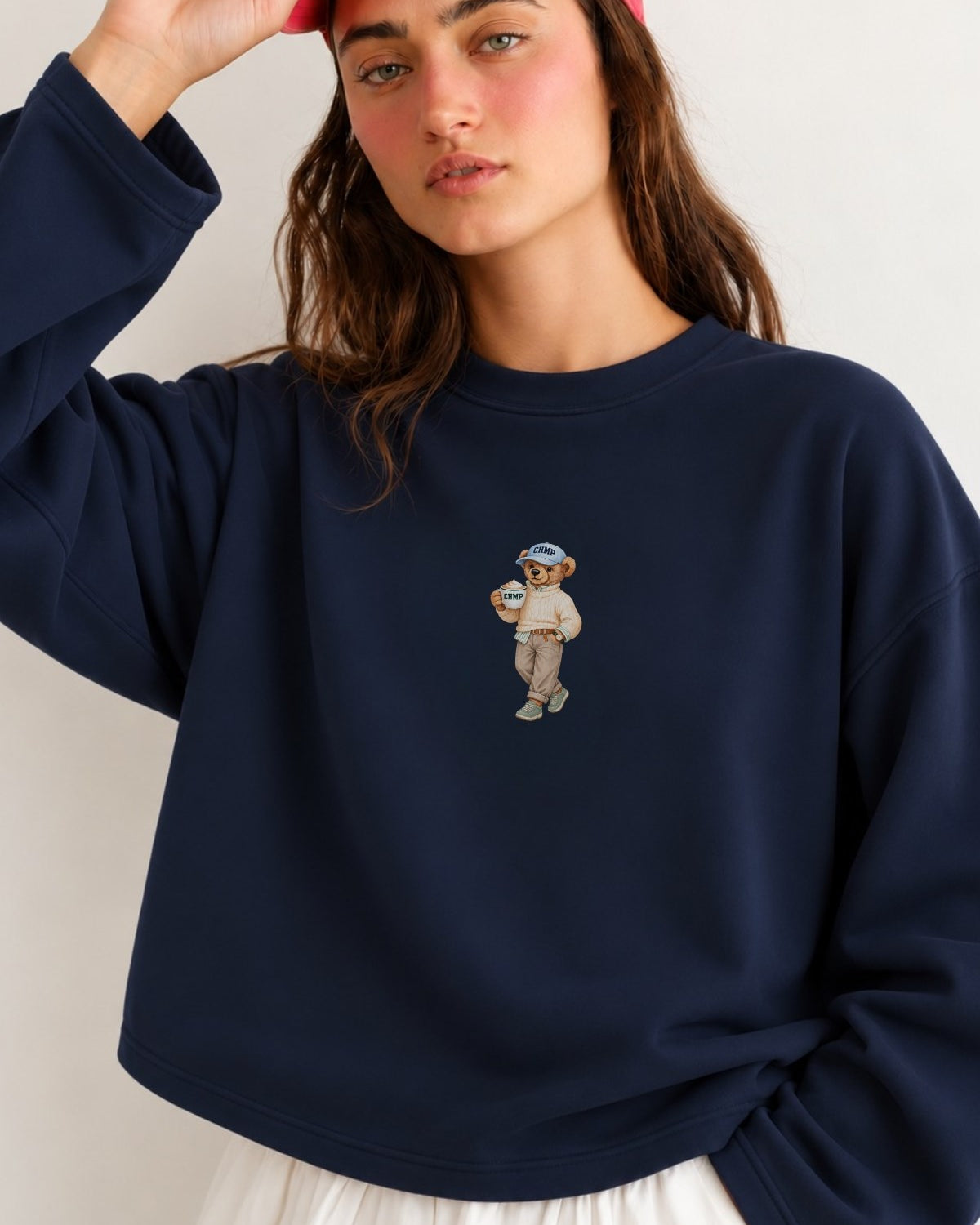 Kadın Relaxed Fit Sweatshirt Coffee Bear Baskılı Lacivert – Bisiklet Yaka, 3 İplik Şardonsuz