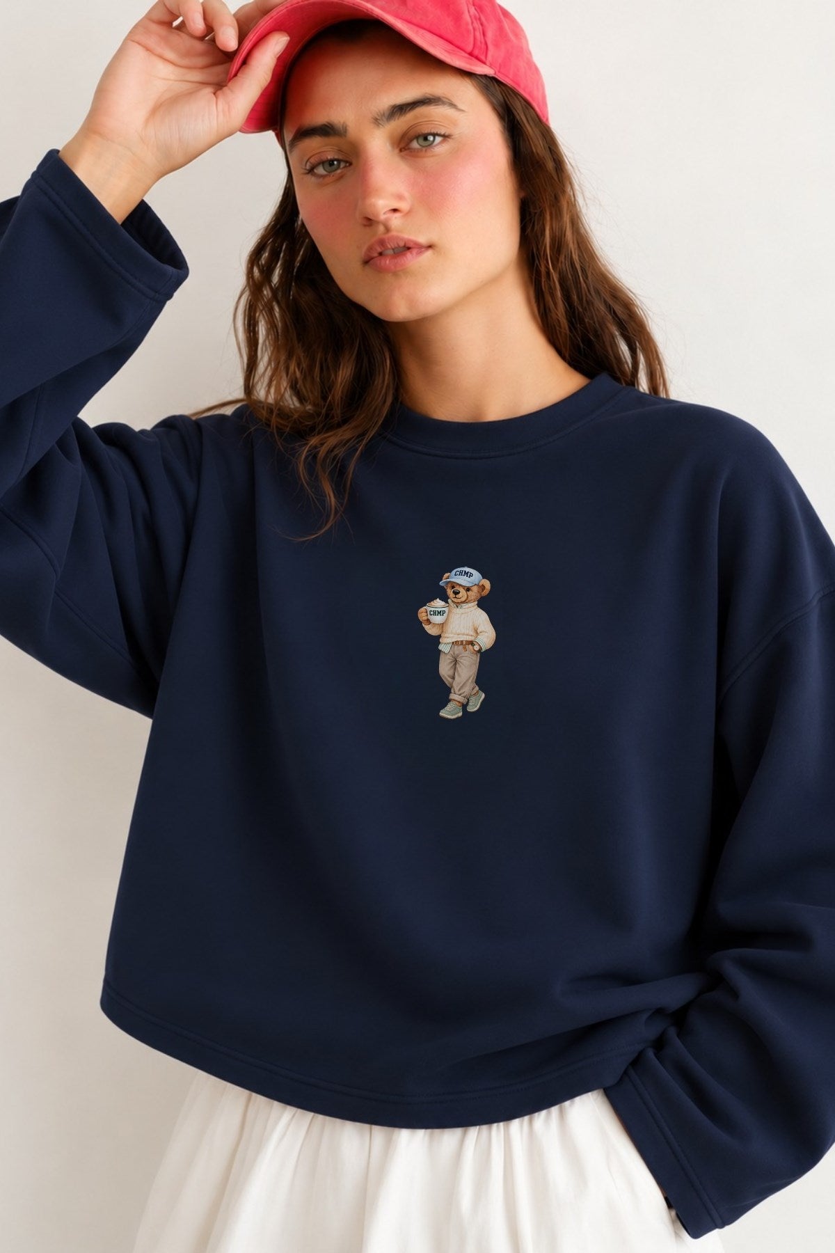 Kadın Relaxed Fit Sweatshirt Coffee Bear Baskılı Lacivert – Bisiklet Yaka, 3 İplik Şardonsuz