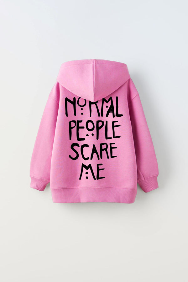 Kapüşonlu İçi Polar Normal People Scare Me Baskılı Pembe Unisex Hoodie Çocuk Sweatshirt