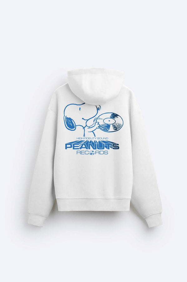 Kapüşonlu İçi Polar Peanuts Yazılı Snoopy Desen Baskılı Beyaz Oversize Hoodie Sweatshirt