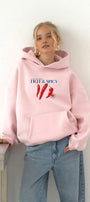 Kadın Oversize Sweatshirt Hoodie Hot & Spicy Baskılı Pembe – Kapüşonlu, 3 İplik Şardonlu Polar