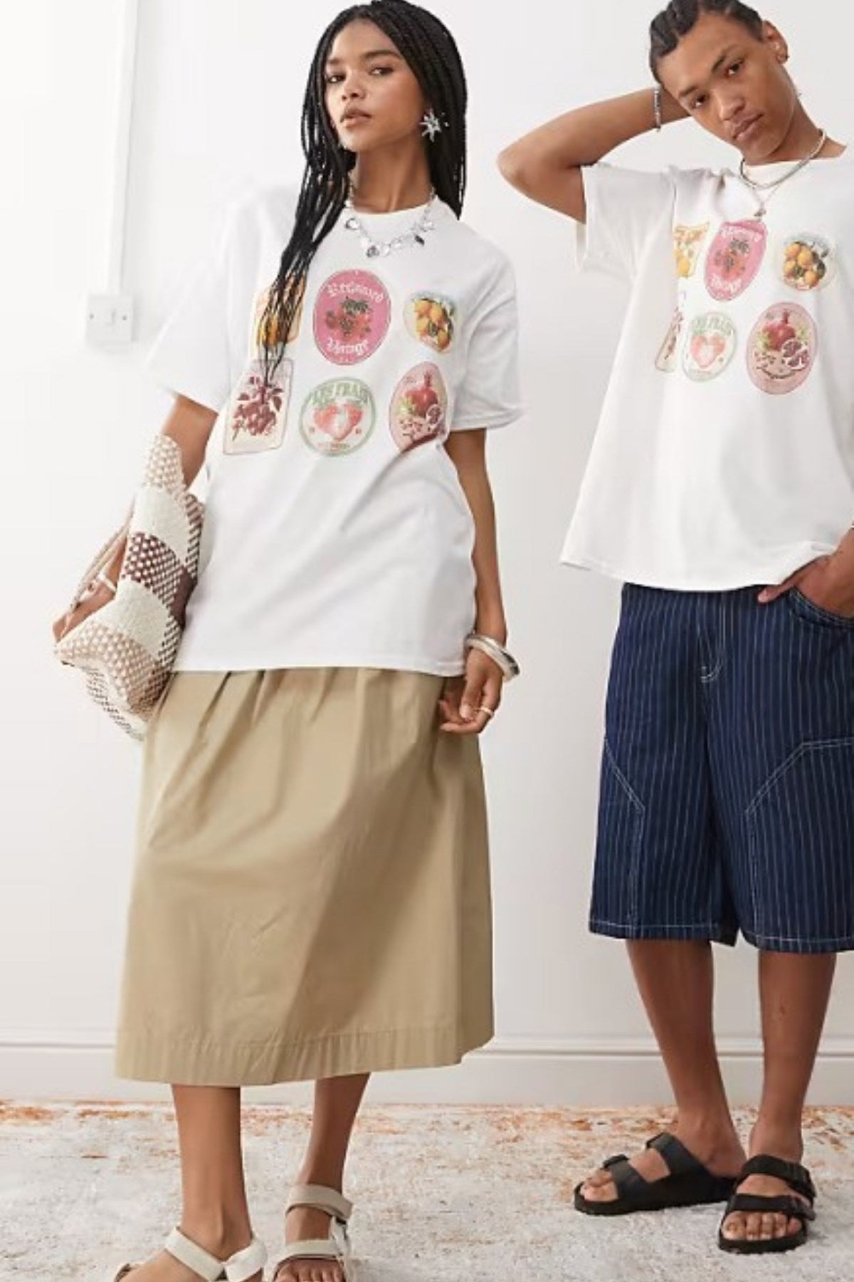 Unisex Oversize %100 Pamuk Meyve Etiketli Beyaz Tişört  Reclaimed Vintage Stil