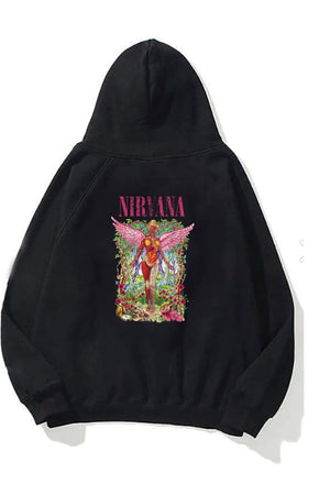 Kapüşonlu İçi Polar Pembe Nirvana Baskılı Siyah Unisex Hoodie Sweatshirt