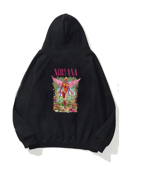 Kapüşonlu İçi Polar Pembe Nirvana Baskılı Siyah Unisex Hoodie Sweatshirt