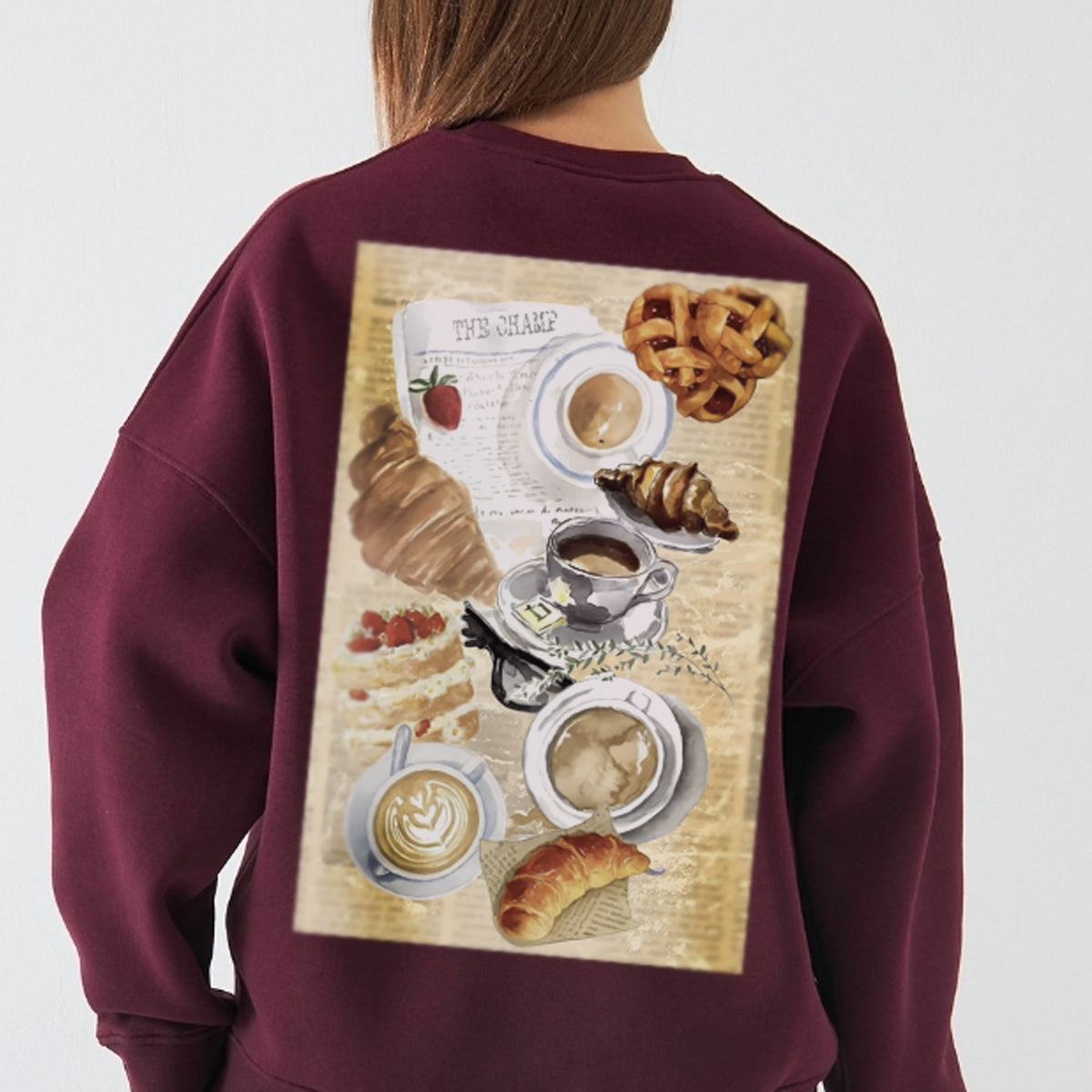 Kadın Oversize Sweatshirt Paris Coffee Journal Baskılı Bordo – Bisiklet Yaka, 3 İplik Şardonlu Polar