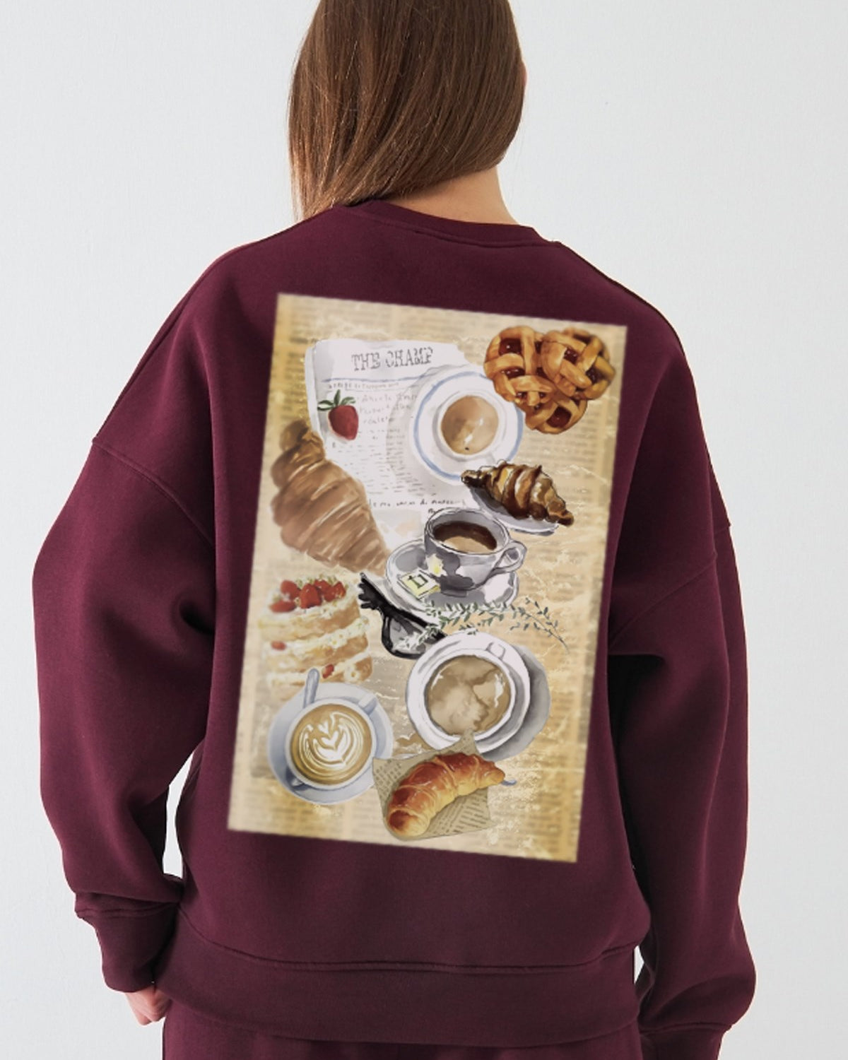 Kadın Oversize Sweatshirt Paris Coffee Journal Baskılı Bordo – Bisiklet Yaka, 3 İplik Şardonlu Polar