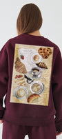 Kadın Oversize Sweatshirt Paris Coffee Journal Baskılı Bordo – Bisiklet Yaka, 3 İplik Şardonlu Polar
