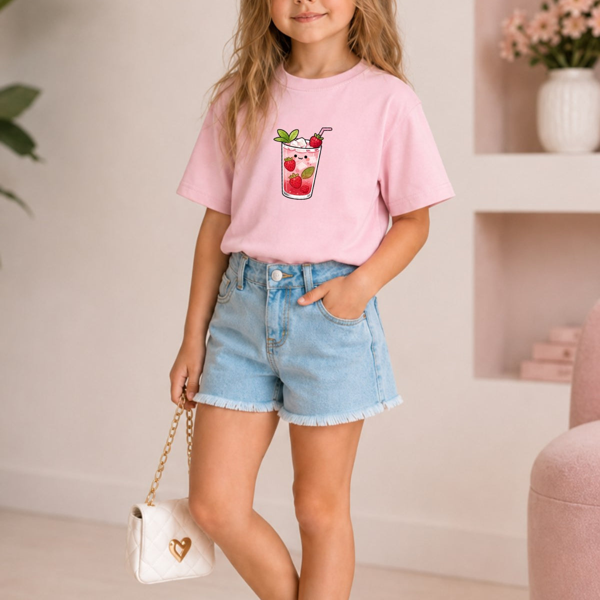 Kız Çocuk Oversize Tişört Strawberry Pop Baskılı Pembe – Bisiklet Yaka, Rahat Kalıp, %100 Pamuk