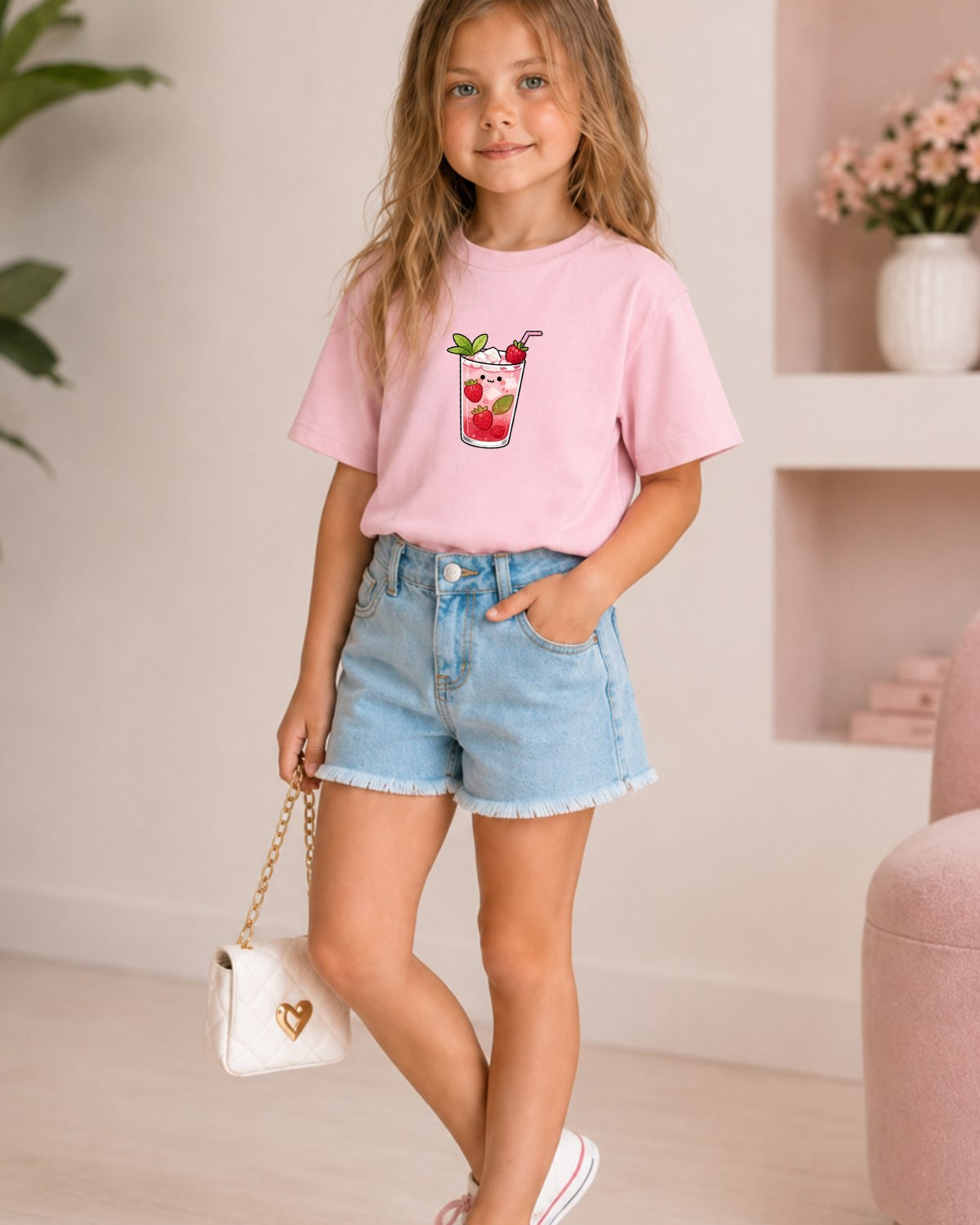 Kız Çocuk Oversize Tişört Strawberry Pop Baskılı Pembe – Bisiklet Yaka, Rahat Kalıp, %100 Pamuk