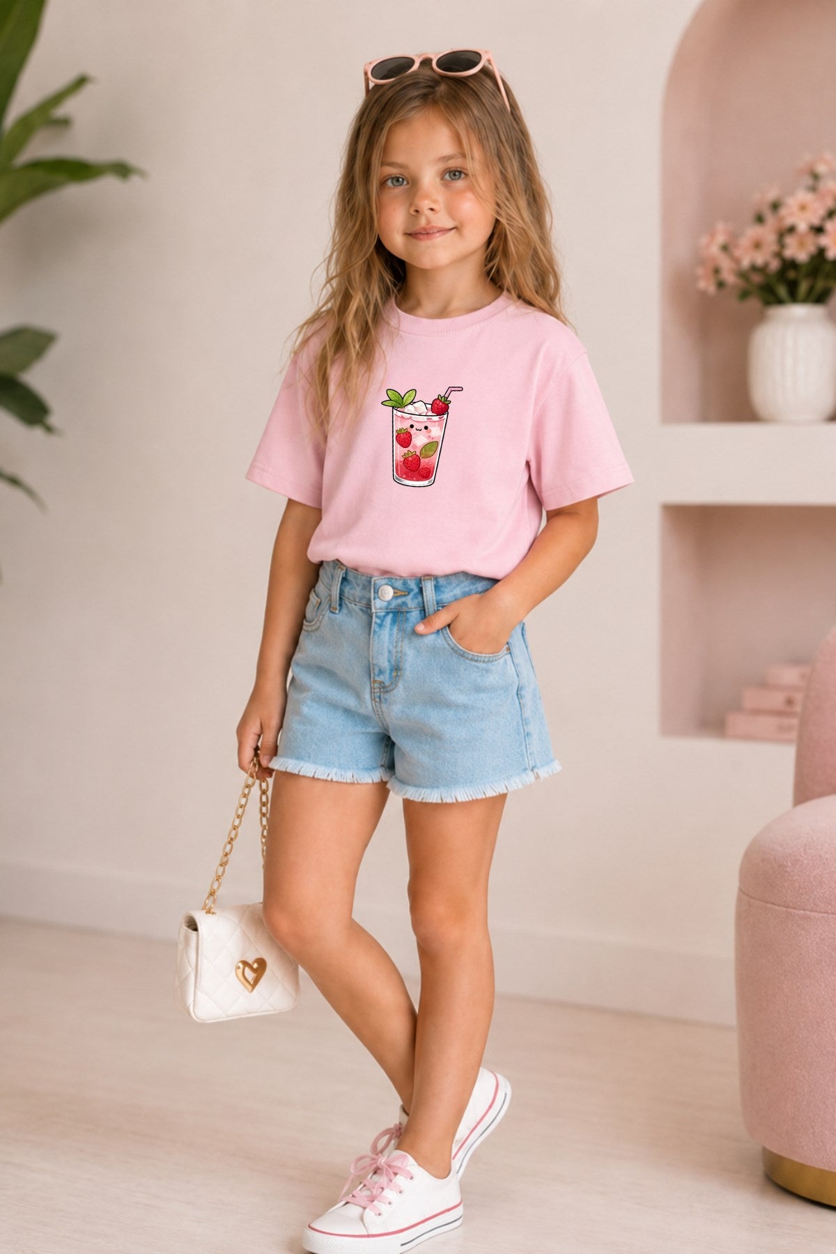 Kız Çocuk Oversize Tişört Strawberry Pop Baskılı Pembe – Bisiklet Yaka, Rahat Kalıp, %100 Pamuk
