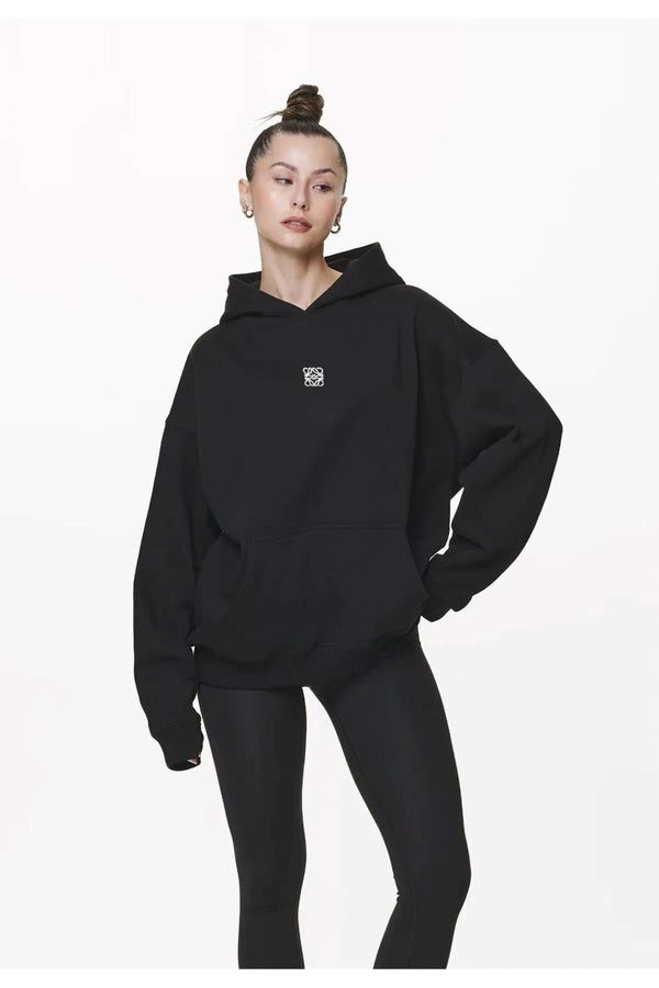 Siyah Unisex Loewe Yüksek Baskılı Kapüşonlu Kanguru Cepli Oversize Hoodie