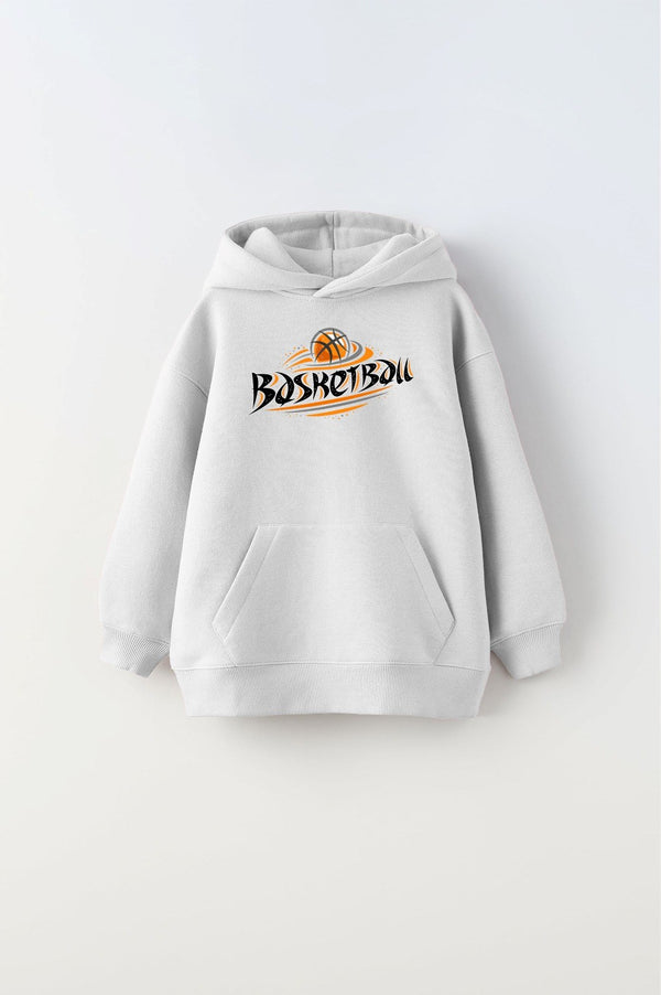 Kapüşonlu İçi Polar Basketbol Baskılı Beyaz Unisex Çocuk Sweatshirt