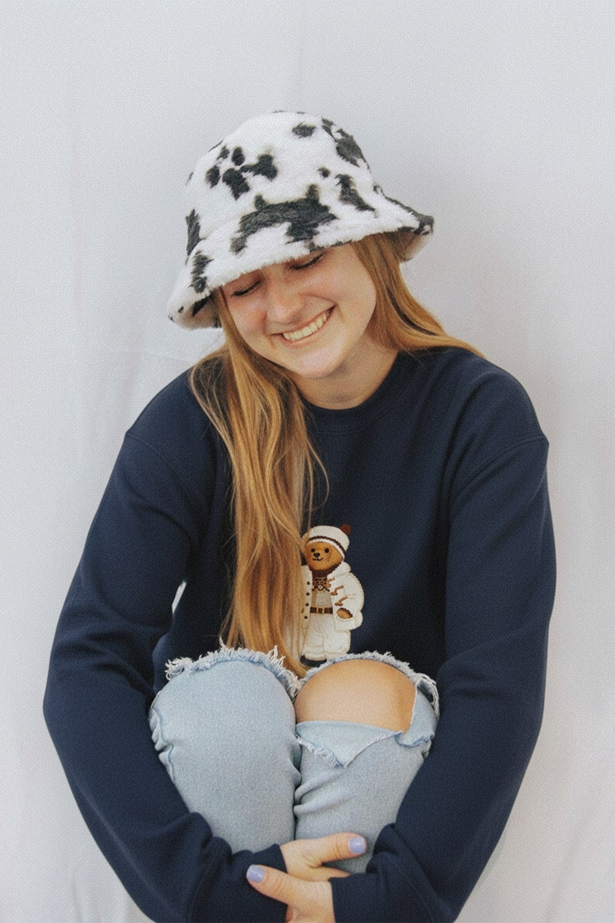 Kadın Oversize Sweatshirt Quiet Club 3D Baskılı Lacivert – Bisiklet Yaka, 3 İplik Şardonlu Polar