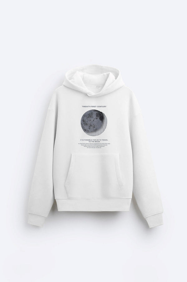 Kapüşonlu İçi Polar Moon Baskılı Beyaz Unisex Hoodie Sweatshirt