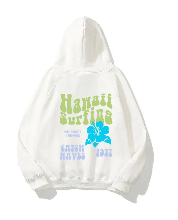 Kapüşonlu İçi Polar Hawaii Baskılı Beyaz Unisex Oversize Hoodie Sweatshirt