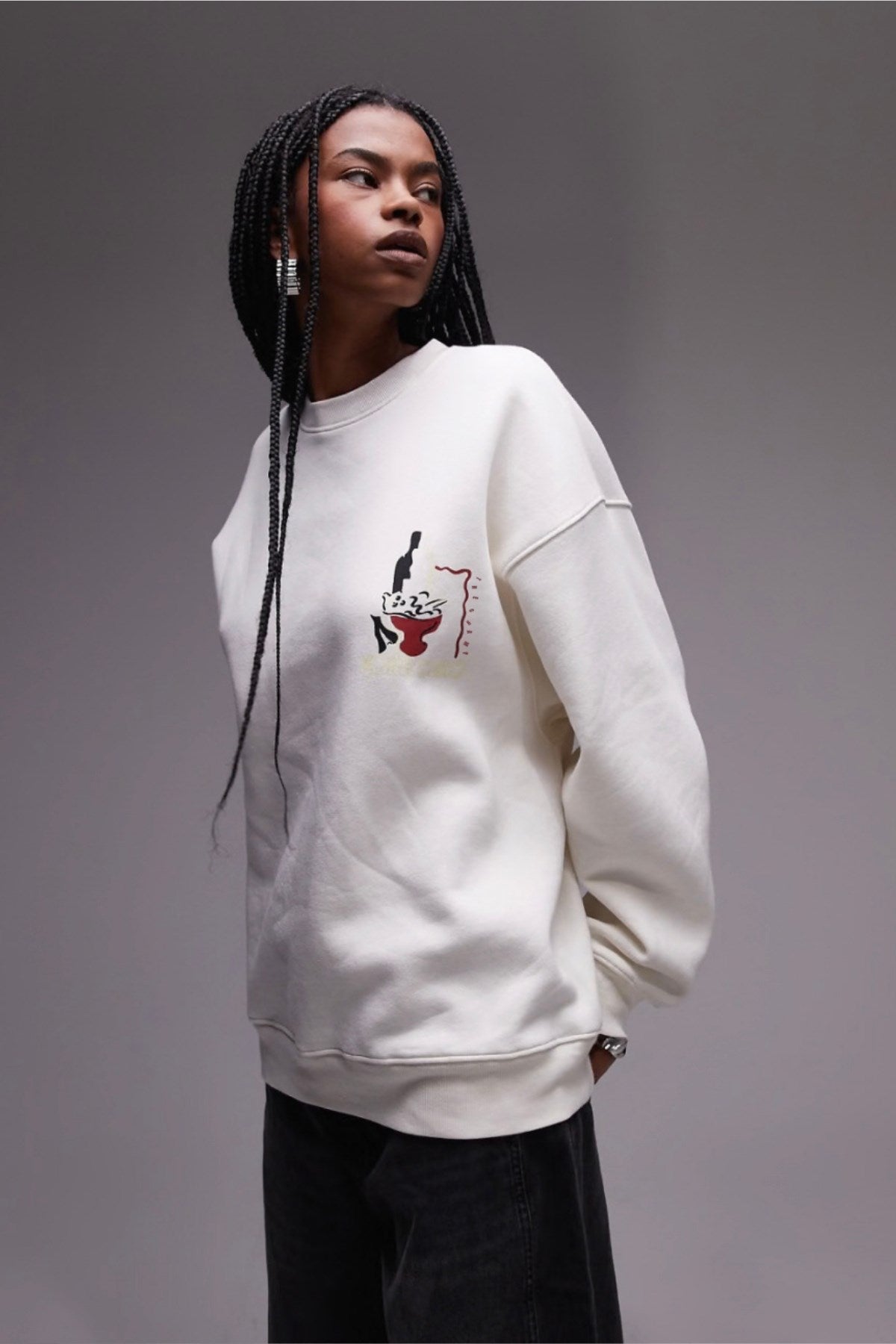 Unisex Beyaz Bisiklet Yaka Sweatshirt – Art Project Sanatsal Baskılı 3 İplik Şardonlu Oversize