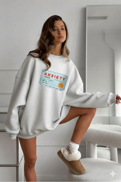 Kadın Oversize Sweatshirt Elbise Anxiety Bar Baskılı Gri Melanj– Bisiklet Yaka, 3 İplik Polar