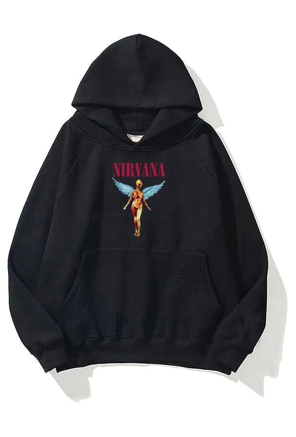 Kapüşonlu İçi Polar Nirvana Angel Baskılı Siyah Unisex Hoodie Sweatshirt