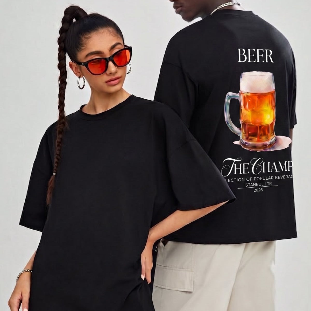Unisex Oversize Tişört BEER Baskılı Siyah – Bisiklet Yaka, Rahat Kalıp, %100 Pamuk