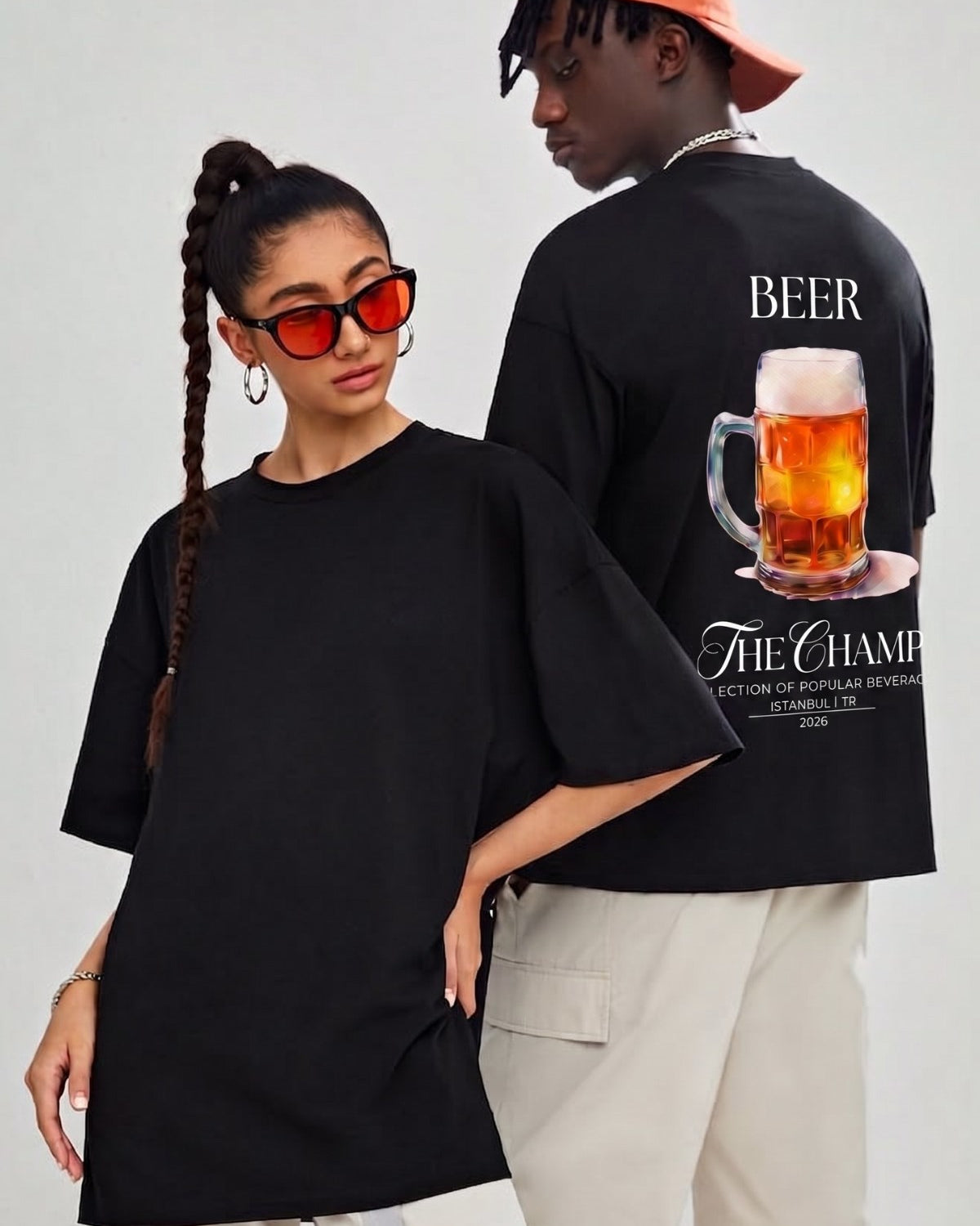 Unisex Oversize Tişört BEER Baskılı Siyah – Bisiklet Yaka, Rahat Kalıp, %100 Pamuk