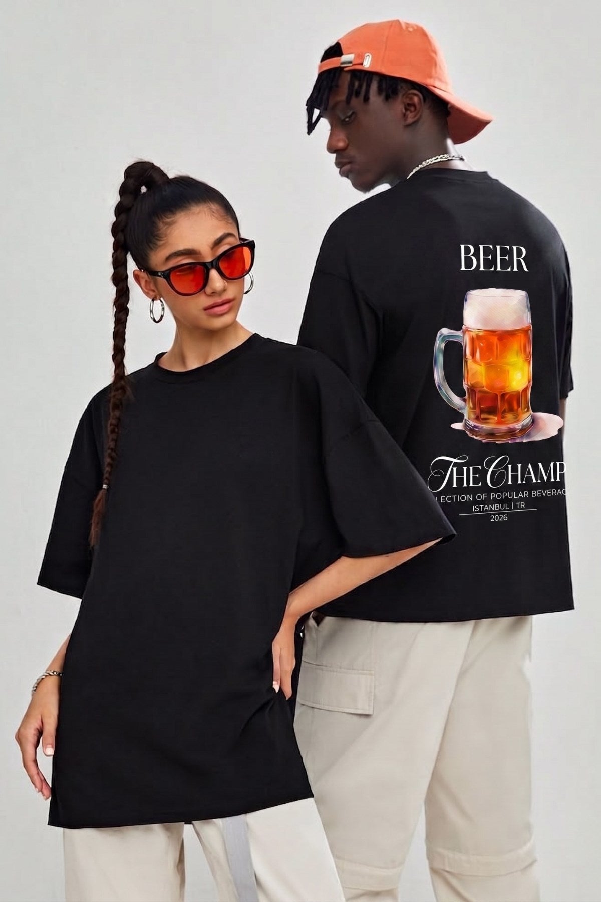 Unisex Oversize Tişört BEER Baskılı Siyah – Bisiklet Yaka, Rahat Kalıp, %100 Pamuk