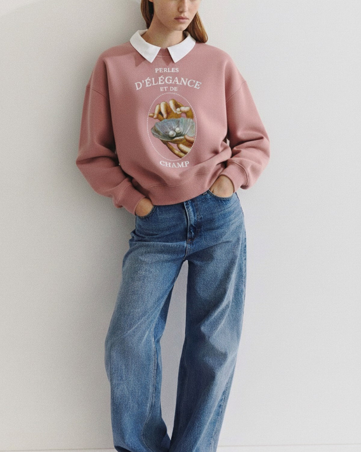 Kadın Oversize Sweatshirt Perles d’Élégance Baskılı Pembe – Bisiklet Yaka, 3 İplik Şardonlu Polar