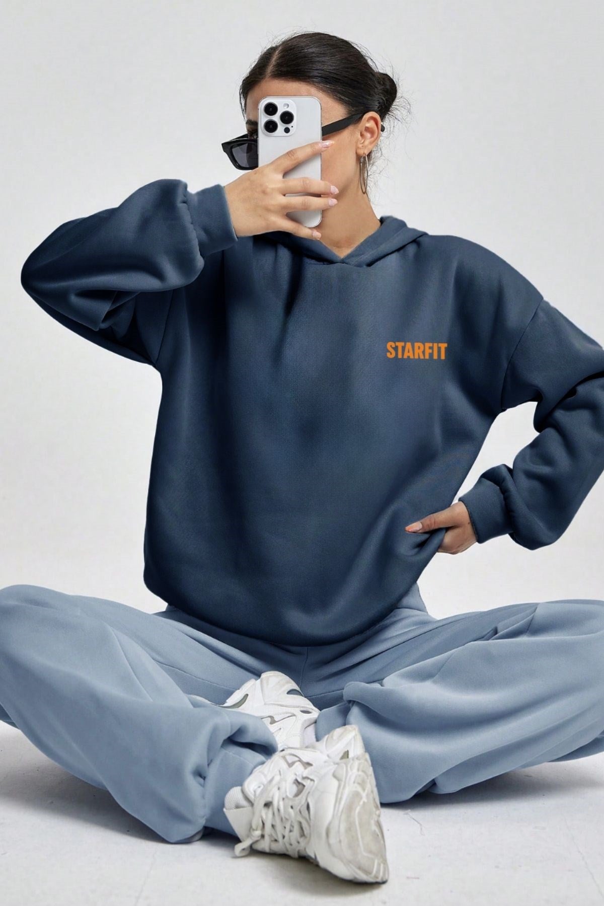 Marine Oversize Hoodie Marine – 3 İplik Şardonlu, Kapüşonlu Kanguru Cepli, Sırt Tam Portakal Baskı