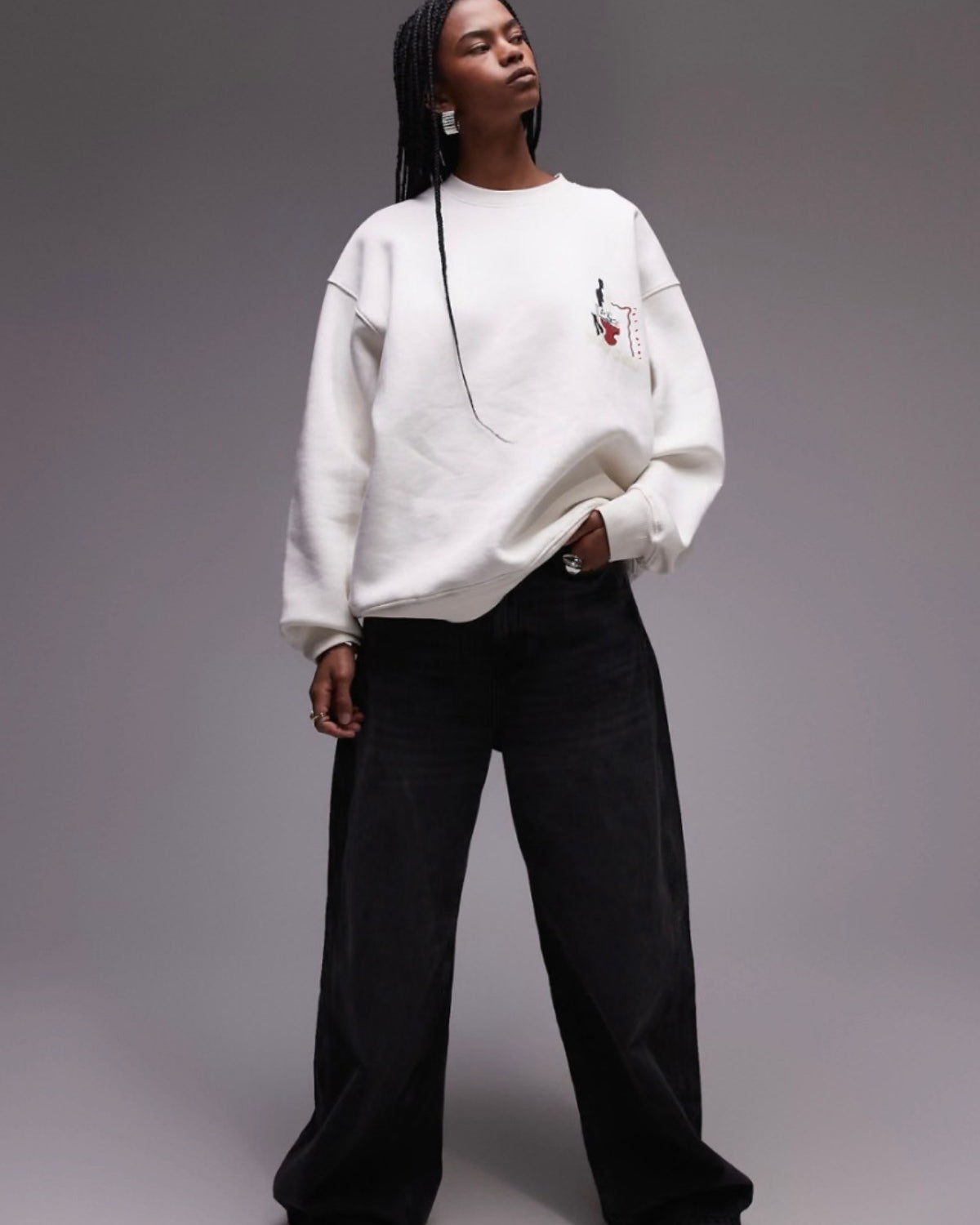Unisex Beyaz Bisiklet Yaka Sweatshirt – Art Project Sanatsal Baskılı 3 İplik Şardonlu Oversize