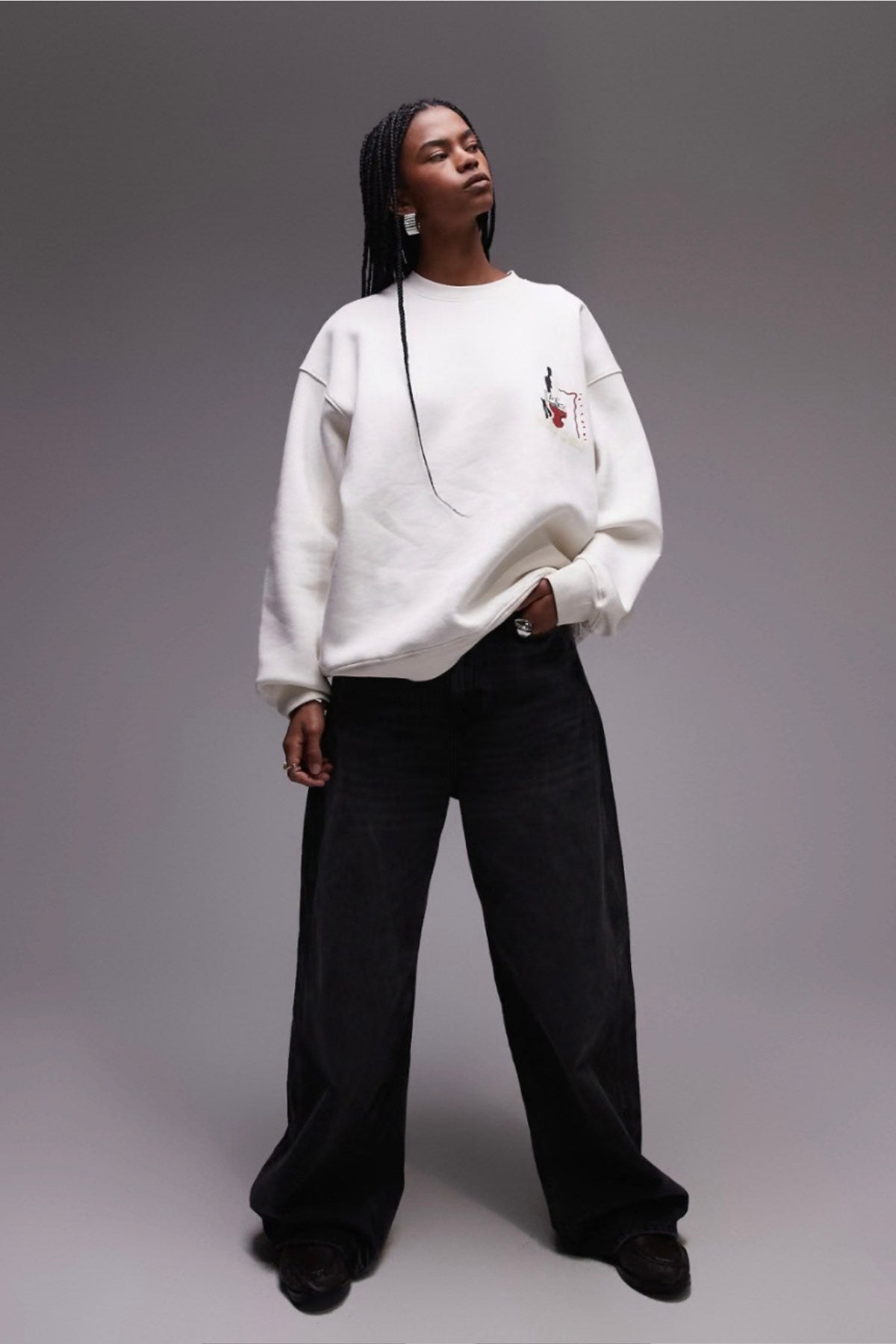 Unisex Beyaz Bisiklet Yaka Sweatshirt – Art Project Sanatsal Baskılı 3 İplik Şardonlu Oversize
