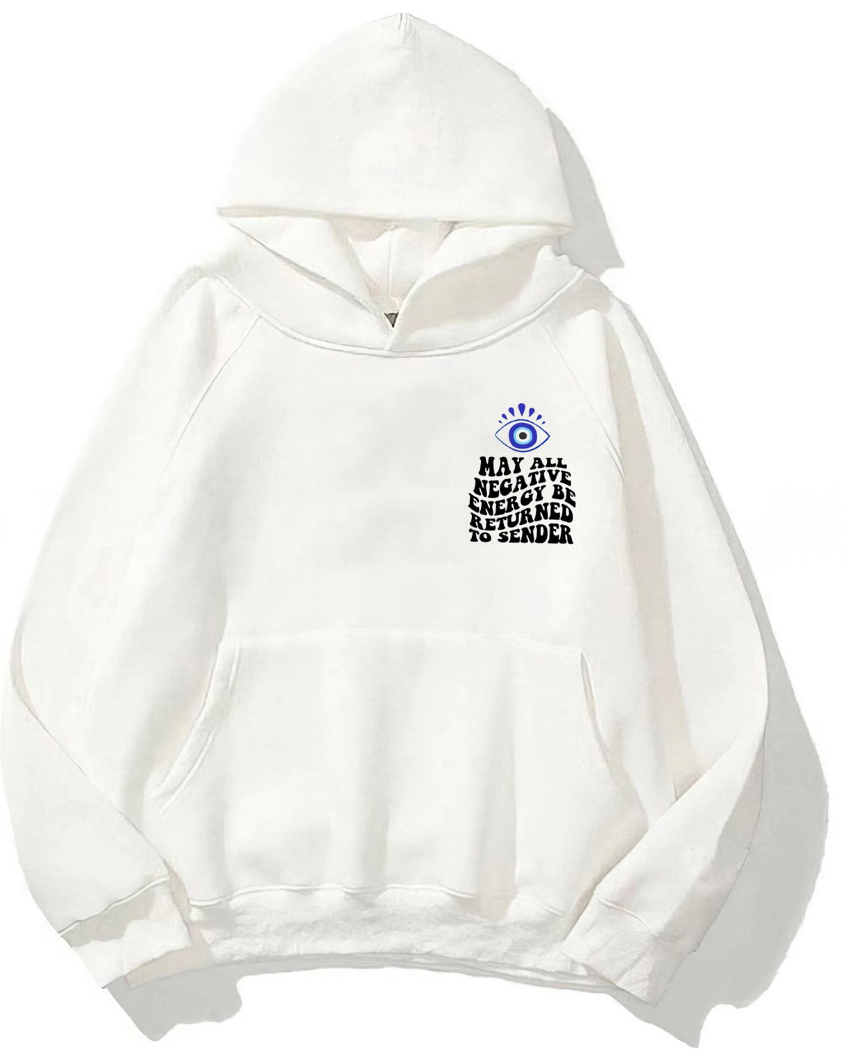 Kapüşonlu İçi Polar Kirpikli Nazar Boncuğu Baskılı Beyaz Unisex Sweatshirt