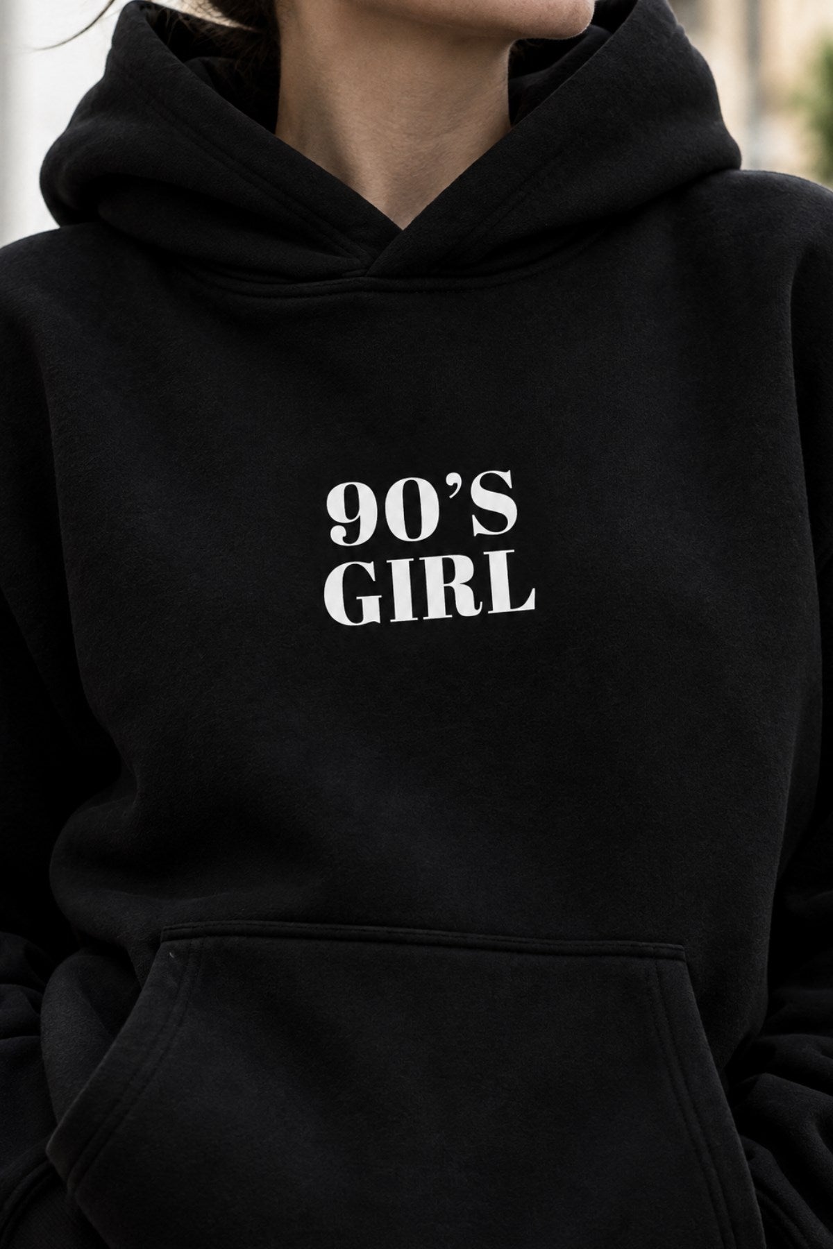 Kadın Oversize Hoodie 90’s Girl Baskılı Siyah – Kapüşonlu, Kanguru Cepli, 3 İplik Polar