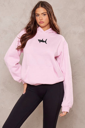 Kapüşonlu İçi Polar Shark Baskılı Pembe Oversize Hoodie Sweatshirt