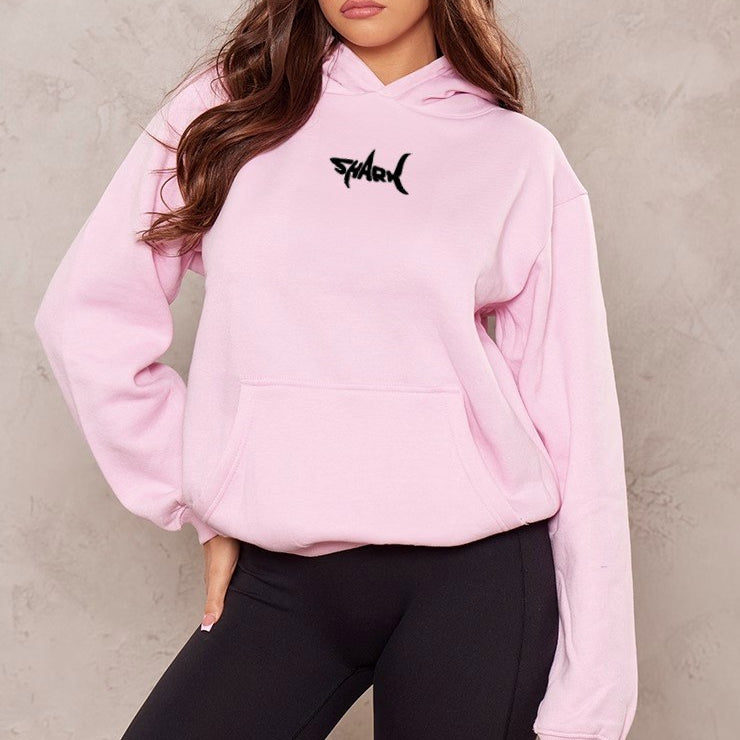 Kapüşonlu İçi Polar Shark Baskılı Pembe Oversize Hoodie Sweatshirt