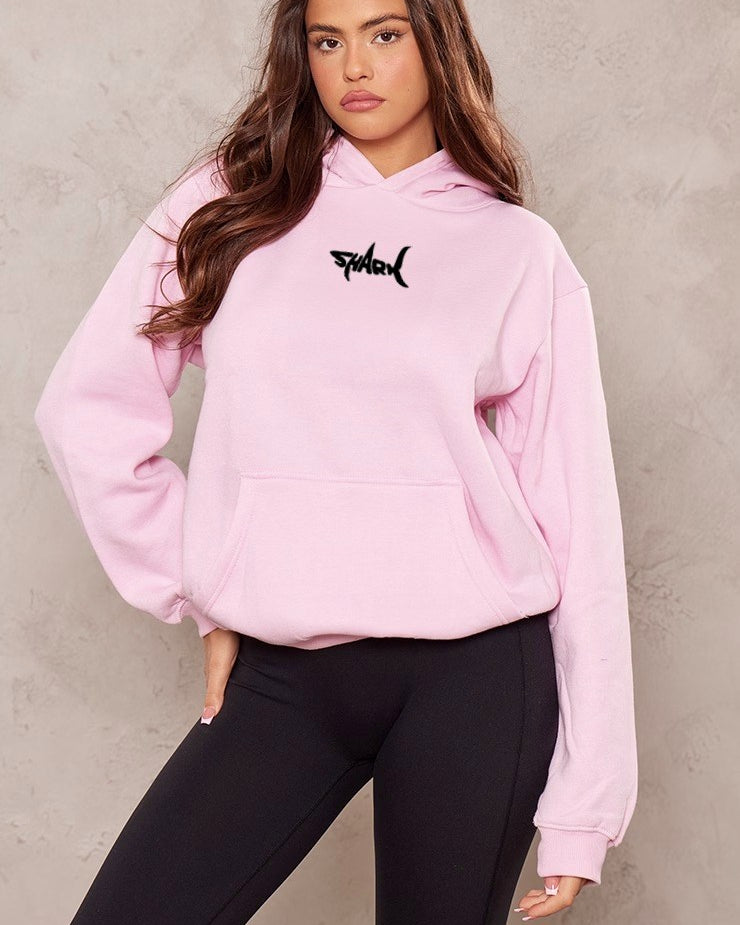 Kapüşonlu İçi Polar Shark Baskılı Pembe Oversize Hoodie Sweatshirt