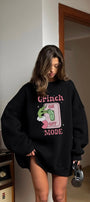 Kadın Oversize Sweatshirt Elbise Grinch Mode Baskılı Siyah – Bisiklet Yaka, 3 İplik Şardonlu Polar