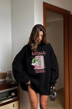 Kadın Oversize Sweatshirt Elbise Grinch Mode Baskılı Siyah – Bisiklet Yaka, 3 İplik Şardonlu Polar